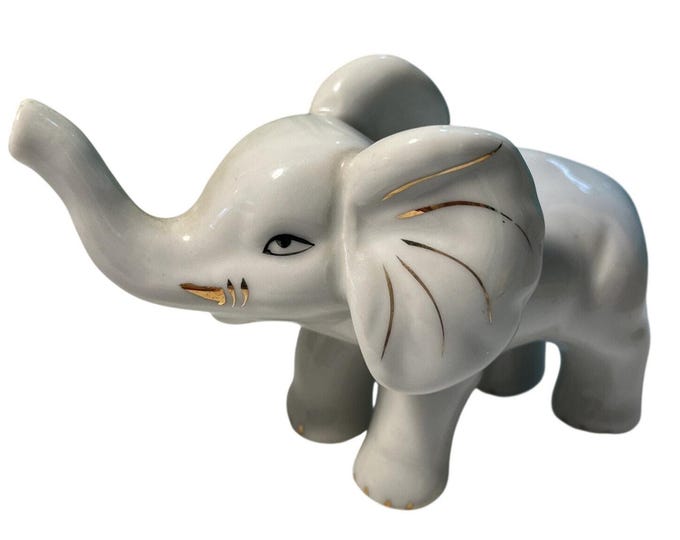 Vintage White Ceramic Elephant Figurine Trunk Up Good Luck Baby ST Mark China 4.75"