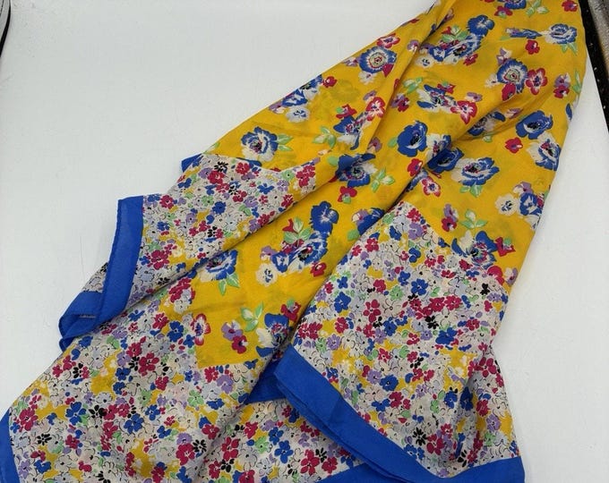 Vintage Adrienne Vittadini Silk Scarf Floral Yellow Blue Large Square 36x34