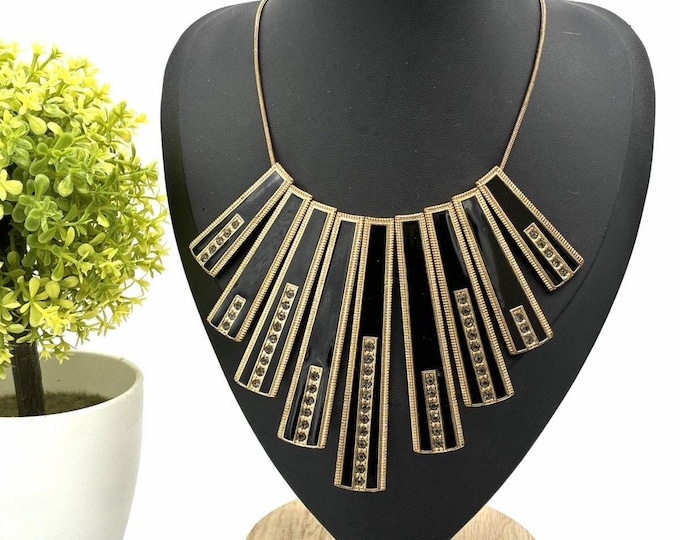 Black Gold Tone Fan Bib Necklace Rhinestone Geometric Statement Jewelry 17”