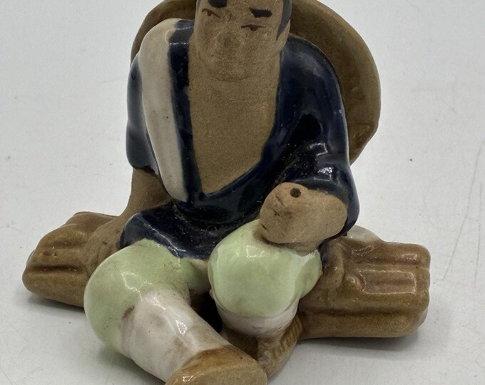 Chinese Ceramic Mudman Fisherman Straw Hat Celadon Glaze Bonsai Figure 2.5"