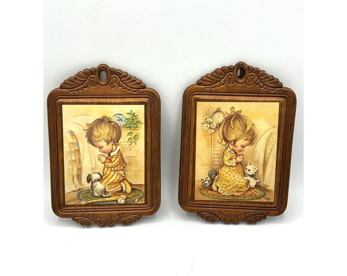 Vintage Praying Boy Girl Wall Plaques Faux Carved Wood Frames Cape Craftsmen