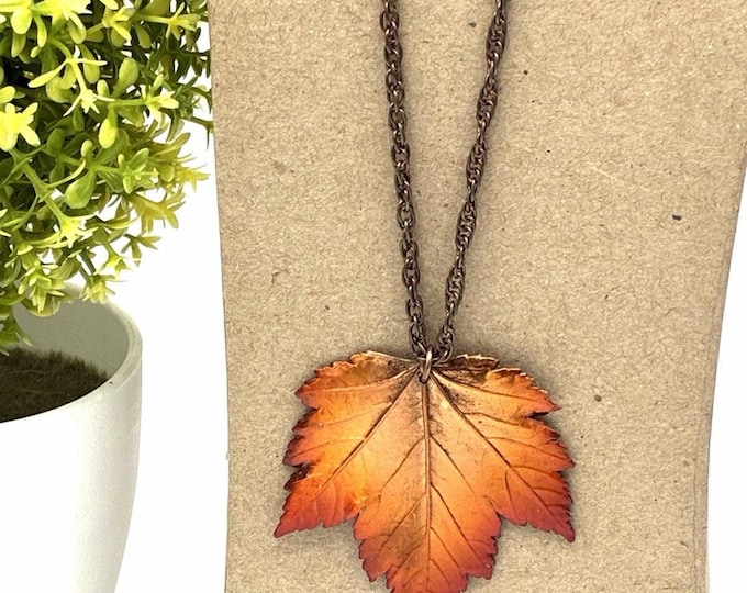 Orange Copper Tone Leaf Pendant Necklace 24” Fall Autumn Statement Jewelry