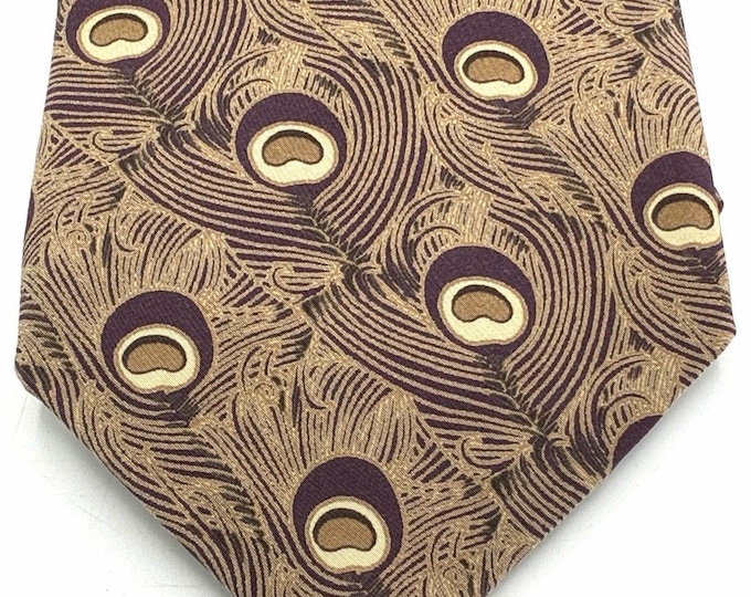 Vintage Guy Laroche Couture Silk Tie Peacock Feather Brown Purple Novelty