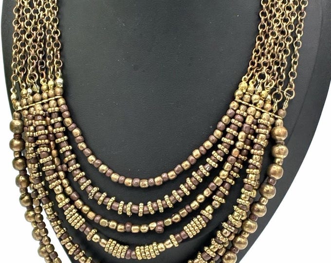 18” Antiqued Gold Tone Multi Strand Beaded Statement Necklace Brown Boho Bib