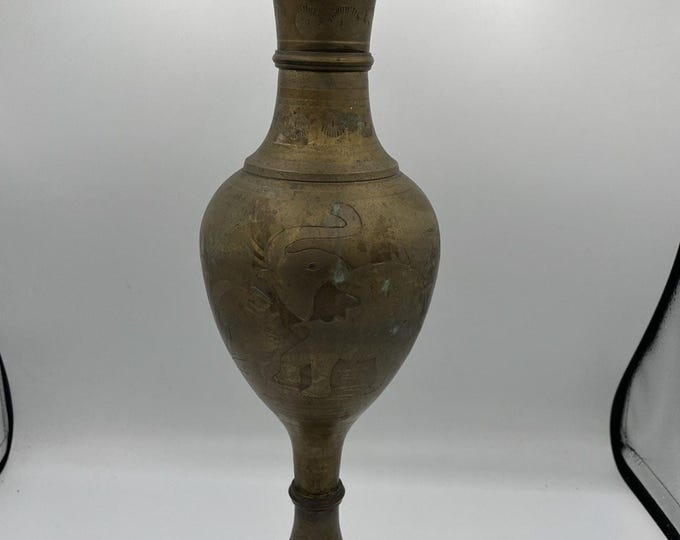 Vintage Solid Brass 16” Elephant Etched Vase Made In India Screw Top And Bottom