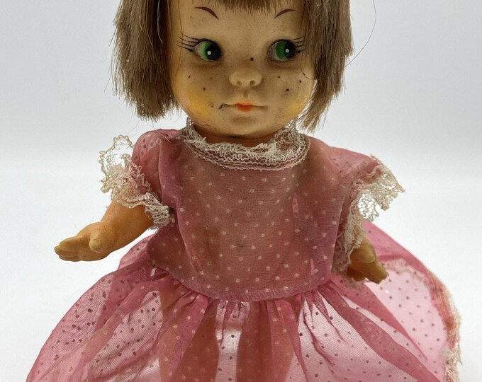 Vintage Remco Doll Japan 7 Inch Freckled Girl Pink Polka Dot Dress Brown Hair