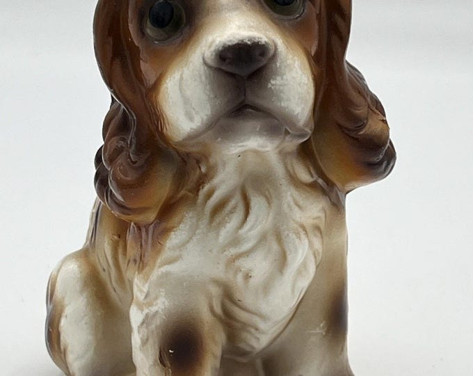 Vintage Cocker Spaniel Ceramic Puppy Dog Figurine Brown White Japan 4 Inch