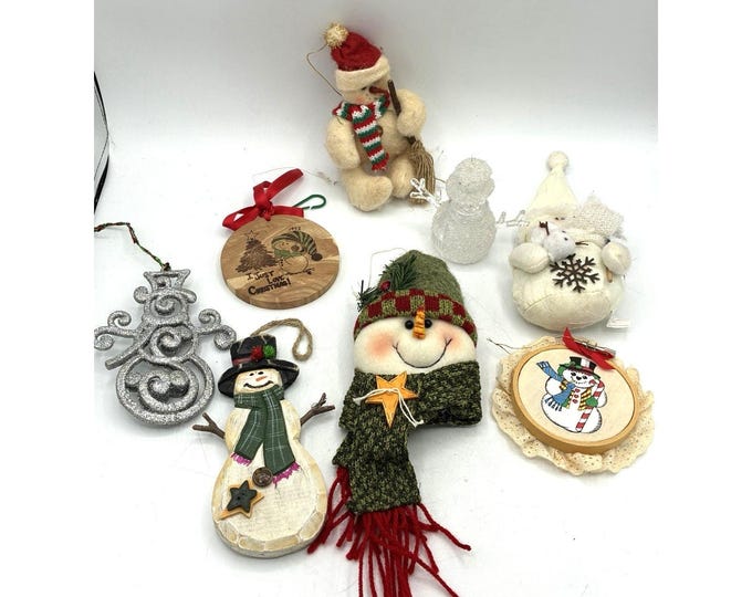 Vintage Snowman Christmas Ornament Lot 8pc Wood Fabric Glass Mixed Media