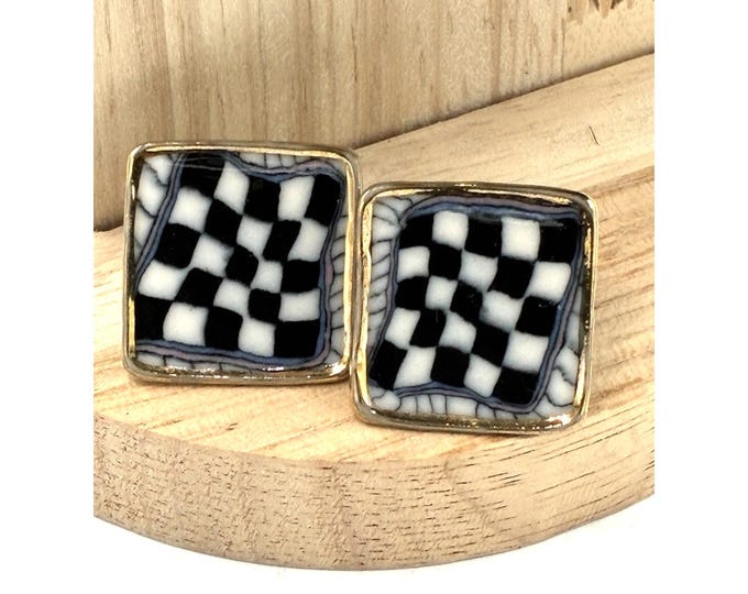 Raku Ceramic Checkerboard Earrings • Handmade Square Studs • Black & White 1” Artisan Jewelry