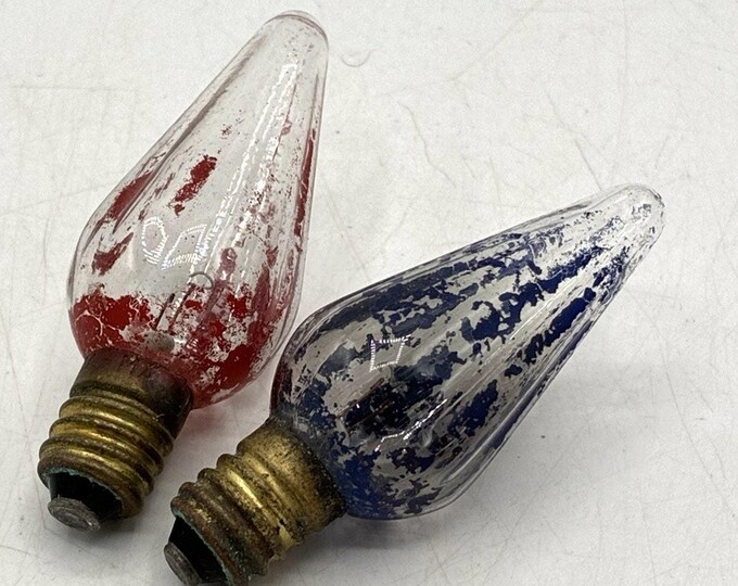 Pair Antique Mazda GE Christmas Light Bulbs Clear Glass Red Blue Faded Paint