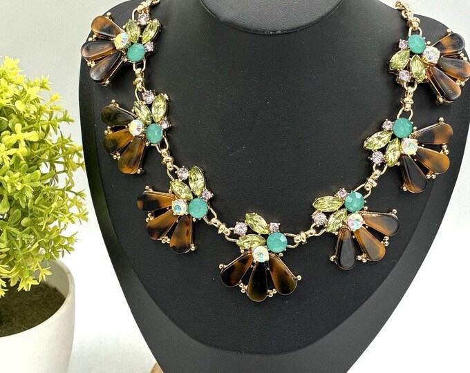 Natasha Tortoiseshell Fan Flower Statement Necklace Peridot Teal AB Crystal Gold