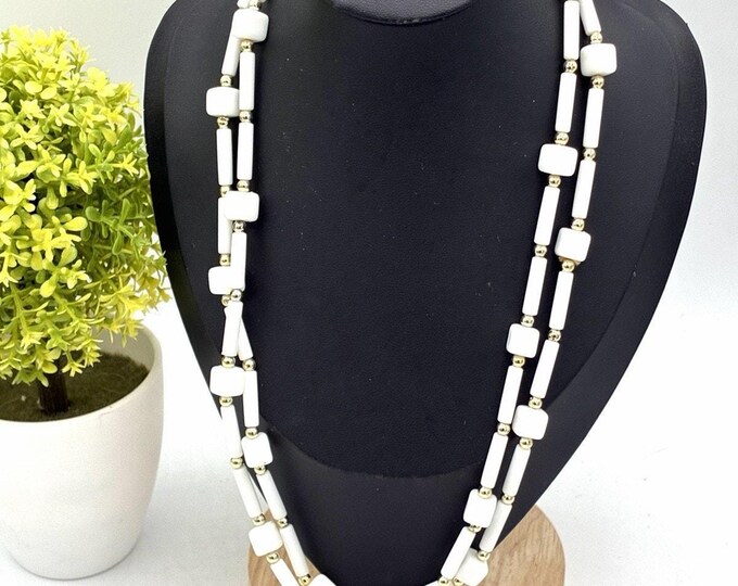 Vintage White Geometric Bead Necklace 42” Long Square Tube Retro Mod Jewelry
