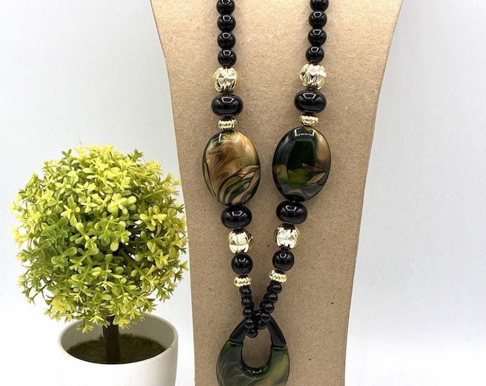Black Green Gold Swirl Bead Statement Necklace Long 22” Chunky Retro Style