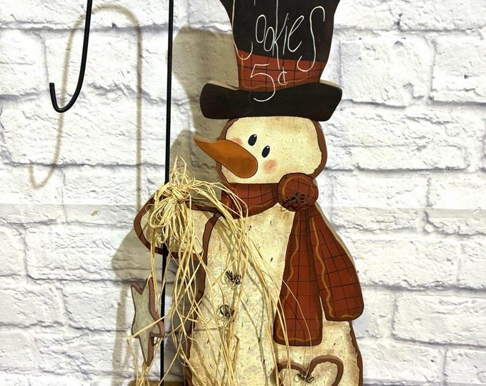 Signed Folk Art Wood Snowman Cookie Sign Primitive Christmas Shepherd Hook