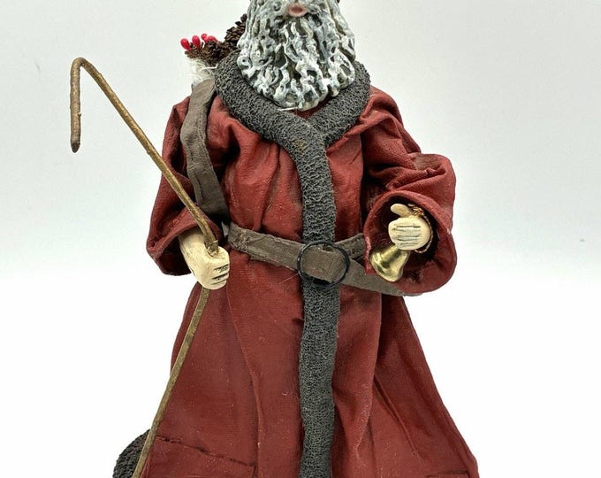 Primitive Santa Claus Figurine 10 Inch Rustic Mixed Media Folk Art Christmas Decor