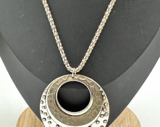 Layered Circle Statement Pendant Necklace Silver Bronze Tone 16” Geometric