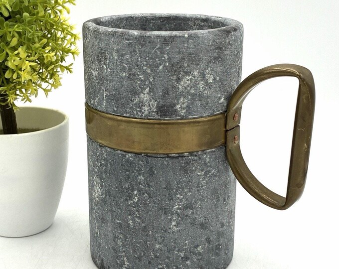 Carved Gray Stone Desk Caddy Pencil Cup Brass Band Riveted Handle Heavy
