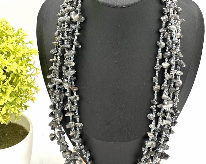 Gray Stone Chip Necklace Multi Strand Beaded Statement Jewelry 22”
