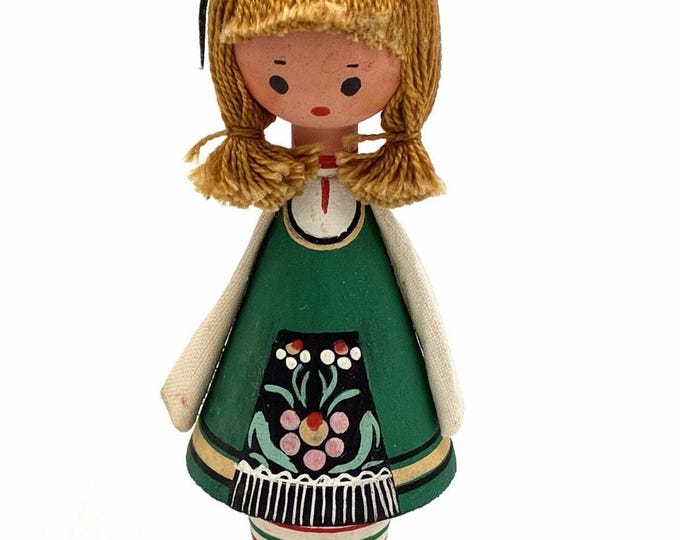Vintage 4” Wooden Folk Doll Girl Green Dress Floral Apron Yarn Hair