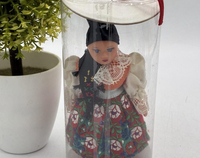 Vintage Czechoslovakia Folk Doll 5” Original Tube Traditional Dress