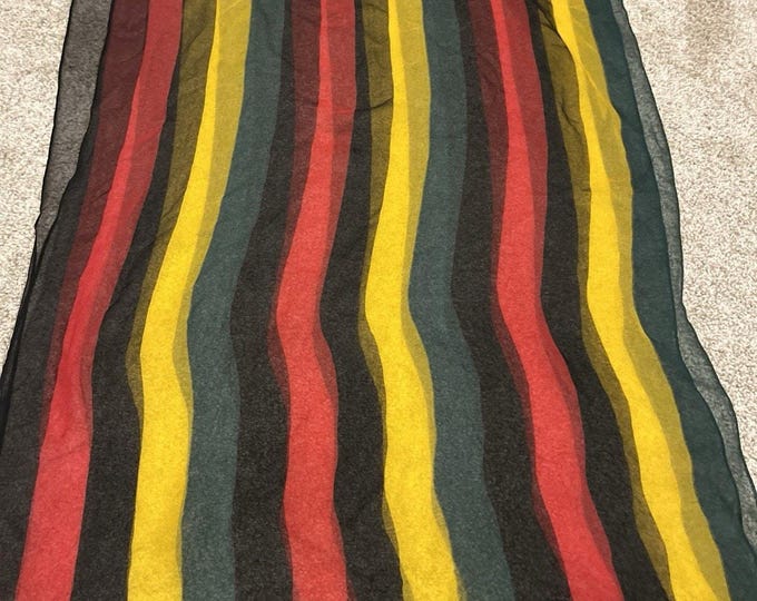Vintage Silk Scarf Green Black Red Gold Striped Long Rectangular 20x60