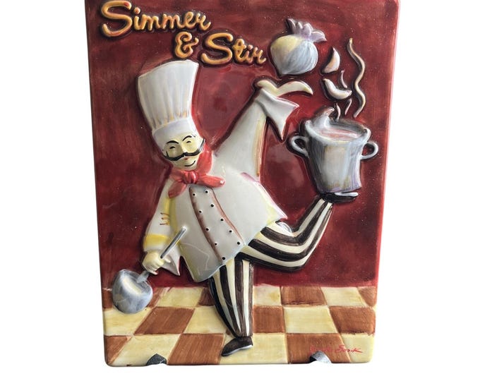 Vintage Fat Chef Porcelain Tile Plaque Simmer and Stir Jennifer Sosik 6x8"