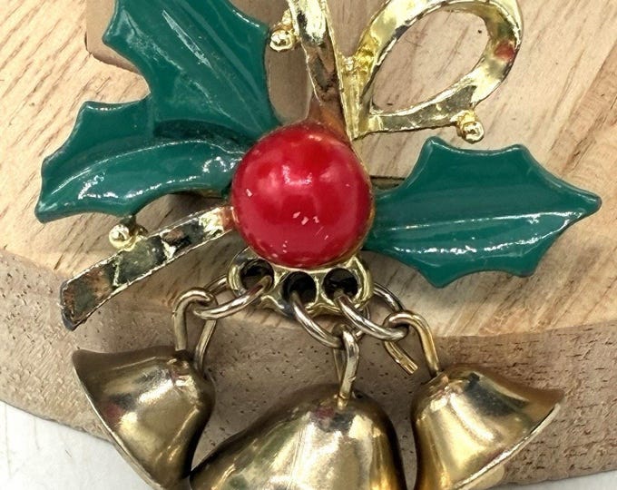 Vintage Christmas Holly Brooch 3 Jingle Bells Green Enamel Red Berry Pin