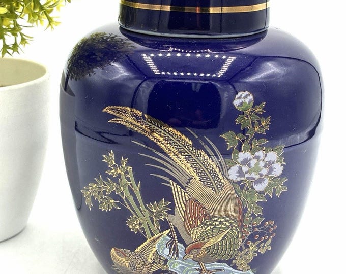 Vintage Cobalt Blue Gold Ginger Jar Lid Pheasant Bird Japan Porcelain 5"