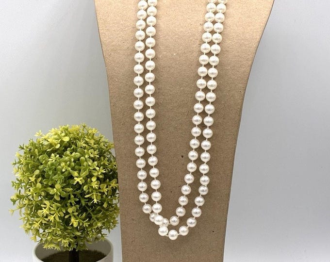 Vintage Faux Pearl Necklace 46” Long Knotted White Beads Classic Costume Jewelry