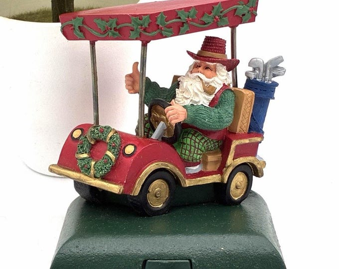 Santa Golf Cart Christmas Stocking Holder Hanger Resin Cast Iron Base Holiday