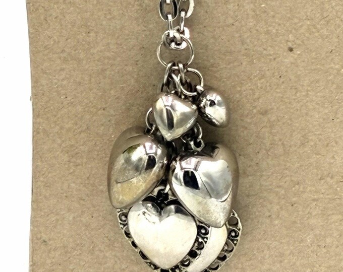 Puffy Heart Charm Necklace 24” Silver Tone Cluster Hearts Romantic Statement