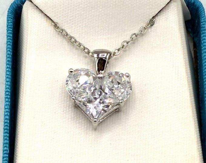 Cubic Zirconia Heart Pendant Necklace 18” Three Stone CZ Silver Tone Boxed