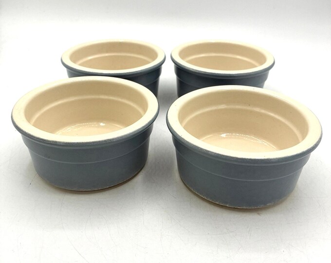 Set of 4 Regas Stoneware Ramekins Blue Cream 3.5” Souffle Custard Bowls