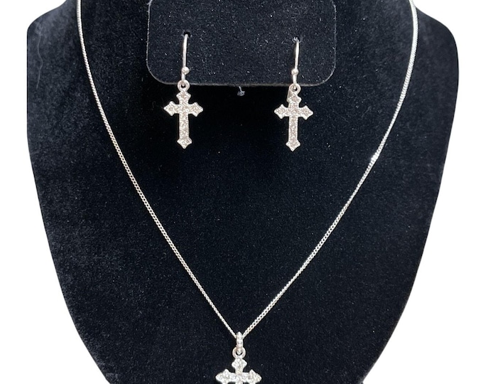 Avon Pave Rhinestone Cross Necklace Earring Set NOS Original Box Silver Tone