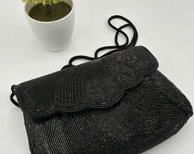 Vintage 1990s Bechamel Black Beaded Evening Bag, Scalloped Crossbody Purse