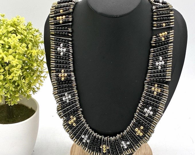 Safety Pin Beaded Statement Necklace 20” Black Gold Industrial Punk Collar