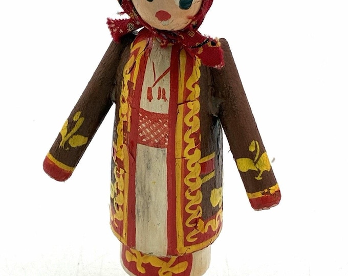 Vintage 3.5” Hand Painted Wooden Babushka Folk Doll Russian Style Scarf