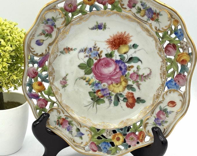 Antique Dresden Porcelain Reticulated Plate Hand Painted Floral Bouquet Gold