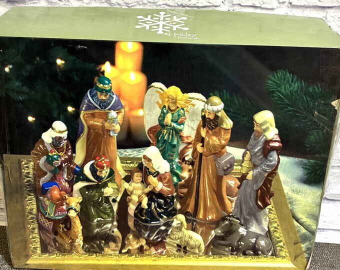 Vintage 1994 Kirkland's Nativity Set 13 Piece Hand Painted Christmas Manger Scene Mirrored Box