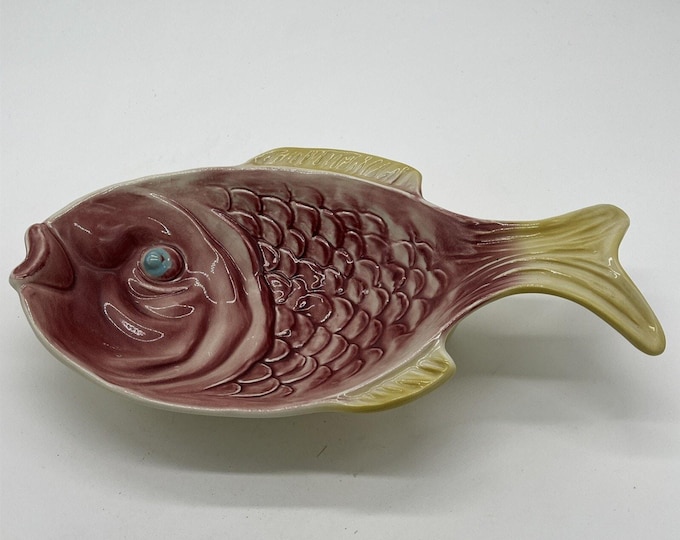 Large Vintage Fish Serving Dish Bowl 15.5”x 8” Pink And Yellow MCM RARE novelty