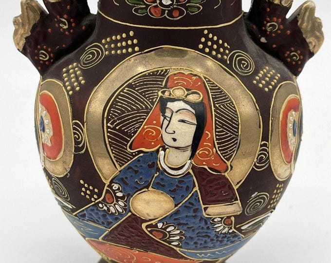 Vintage Japanese Moriage Man and Woman Satsuma Vase 7.5” Signed Hand Painted