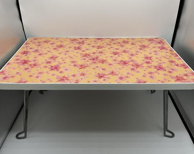 TV Lap Tray Vintage MCM Metal Legs W Wood Top Orange, Red, Floral 17x12X8” Retro