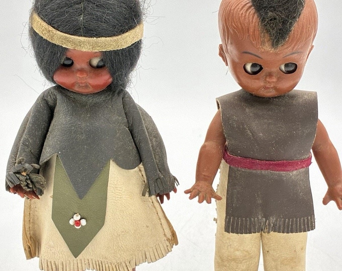 Vintage Souvenir Dolls Pair Leather Outfits Sleep Eyes Rattle Sound