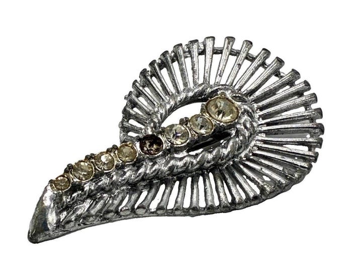 Vintage Silver Tone Paisley Brooch Rhinestone Trail Sunburst Ridged Design