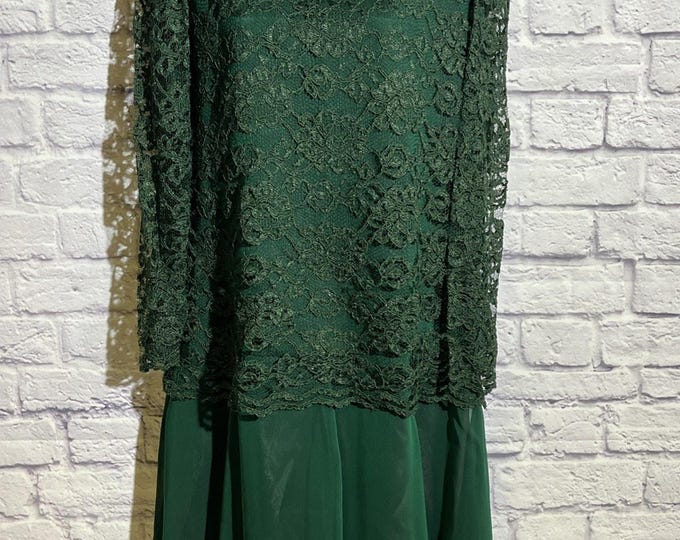 Vintage Petite Lanz Green Lace Chiffon Dress Formal Evening READ RE: Size