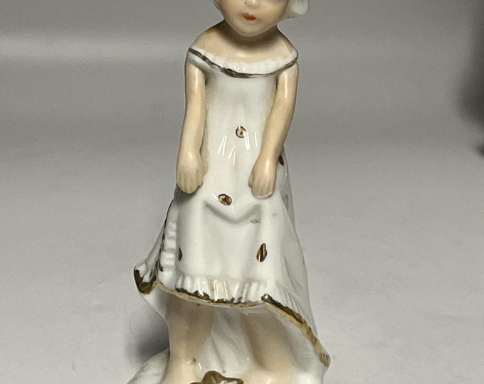 Vintage Italy Porcelain Girl Figurine White Gold Dress Fine Porcelain 5"