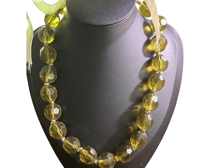 VTG Statement Necklace Chunky Faceted Olive Green Acrylic Lucite Beads 15” Long