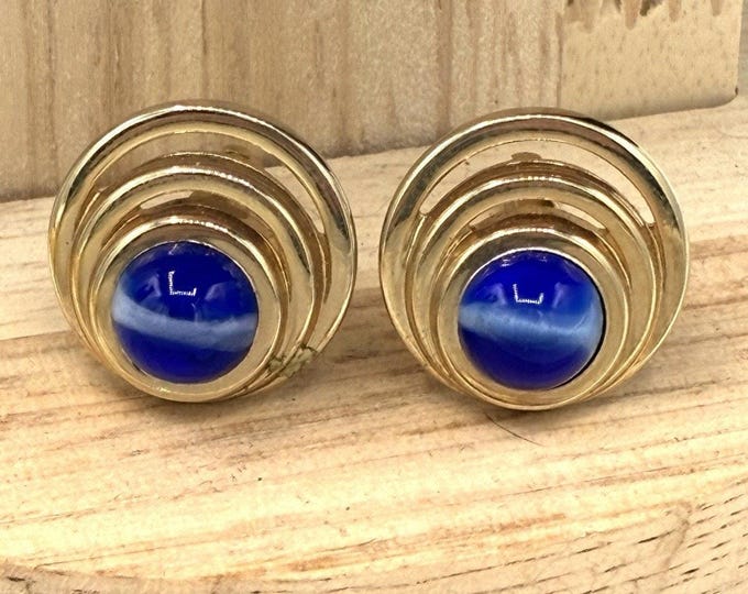 Vintage Swank Cufflinks Cobalt Blue Cabochon Concentric Gold Tone Round