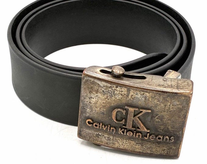 Vintage Calvin Klein Jeans CK Rubber Belt Mens M Black Logo Metal Buckle Y2K