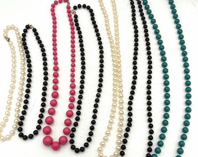 Vintage Rainbow Beaded Necklace Lot 7 Black Pink Teal Ivory 16-32in
